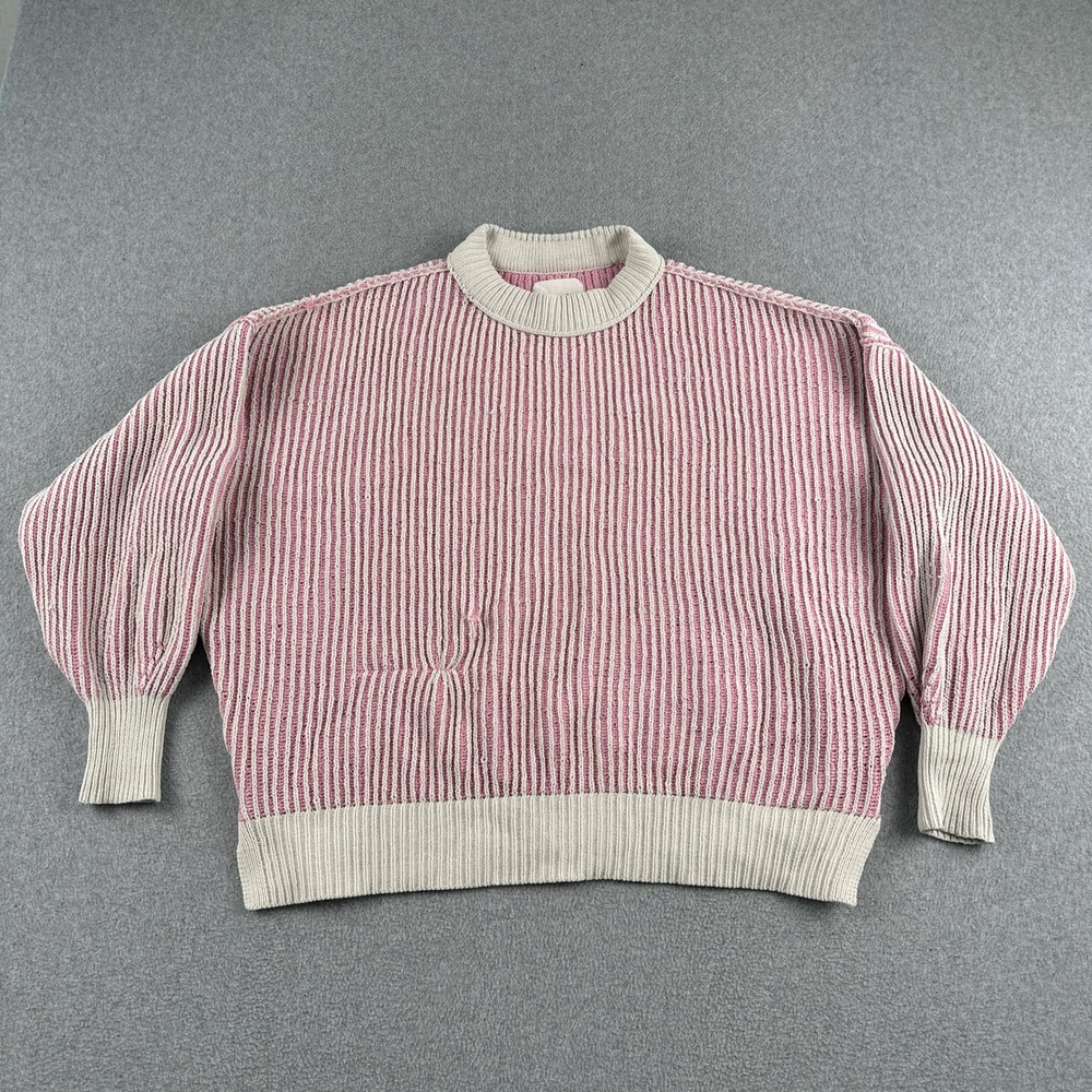 Aerie Sweater Womens XS Pink White Striped Oversized Ribbed Knit Crewneck